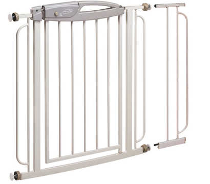 Read more about the article A newly-installed baby gate-Evenflo Summit Easy Walk-Thru Gate